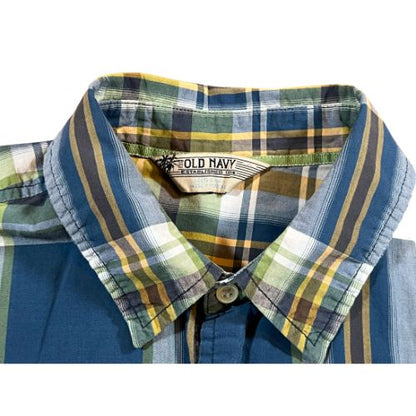 Old Navy Short Sleeve Button-Up Plaid Shirt  (Est. Orig. Retail Price $25.00) Size: Men's XL  Color: Blue, yellow, and white plaid  Features: Collar, button-up, short sleeve  Material: 100% Cotton   Condition: Gently Used Tag - Our Families Attic