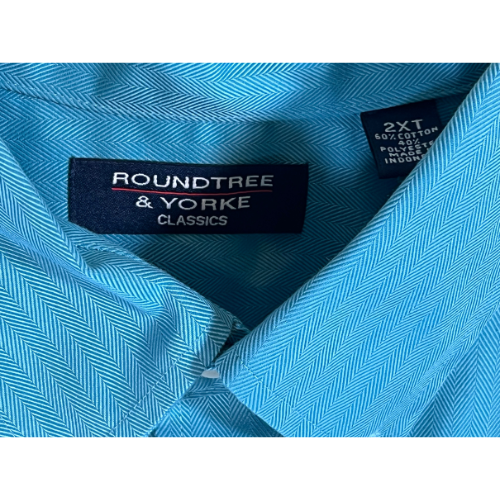 Roundtree & Yorke Classics Blue Fishbone Dress Shirt  Men's Size 2XT - 2 Xtra Large Tall  Beautiful Bright Blue / Turquoise Color  Fishbone pattern/texture  Button closure, button-down collar  Short sleeves, chest pocket   Condition: Excellent Used Tag View - Our Families Attic