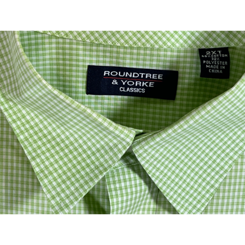 Roundtree & Yorke Classics Lime Green Checkered Dress Shirt Men's Size 2XT - 2 Xtra Large Tall Cheerful lime green and white Color Checkered Pattern Button closure, button-down collar Short sleeves, chest pocket Condition: Excellent Used Collar View - Our Families Attic