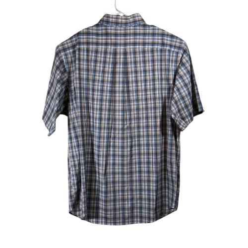 Roundtree & Yorke Easy Care Blue Plaid Men's Dress Shirt Size 2XT - 2 Xtra Large Tall Easy Care Blue, brown, and white plaid color Button collar, button-up Front Pocket, Short Sleeve Condition: Excellent Back View - Our Families Attic