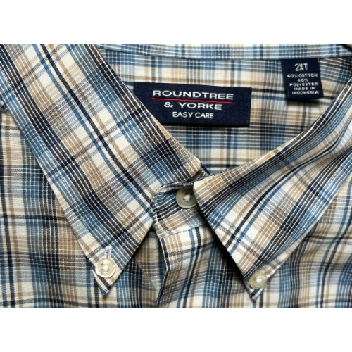 Roundtree & Yorke Easy Care Blue Plaid Men's Dress Shirt Size 2XT - 2 Xtra Large Tall Easy Care Blue, brown, and white plaid color Button collar, button-up Front Pocket, Short Sleeve Condition: Excellent Tag View - Our Families Attic