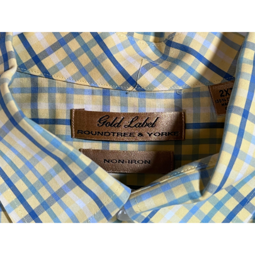 Pre-Owned Roundtree & Yorke Gold Label Men's 2XT Dress Shirt Yellow with shades of blue checkered pattern Size: Men's 2 Extra-large Tall Button-up, collar, front pocket, short-sleeve 100% Cotton, Non-Iron Condition: Excellent Used Like New Label Collar - Our Families Attic