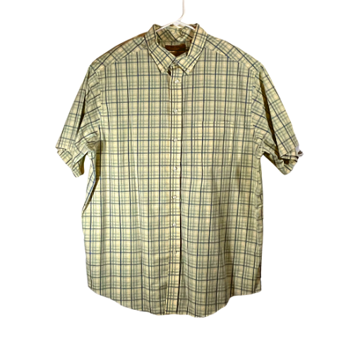 Pre-Owned Roundtree & Yorke Gold Label Men's 2XT Dress Shirt Yellow with shades of blue checkered pattern Size: Men's 2 Extra-large Tall Button-up, collar, front pocket, short-sleeve 100% Cotton, Non-Iron Condition: Excellent Used Like New - Our Families Attic