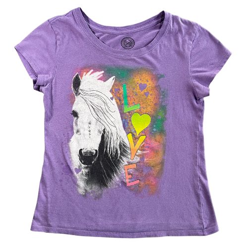 SO Purple Horse Graphic Tee   (Est. Retail Price $15.00) Size: Big Girl Size 16  Color: Purple  Print: Horse, splatter paint "LOVE"  Features: Short Sleeve  Material: 100% Cotton Condition:  Gently Used front - Our Families Attic