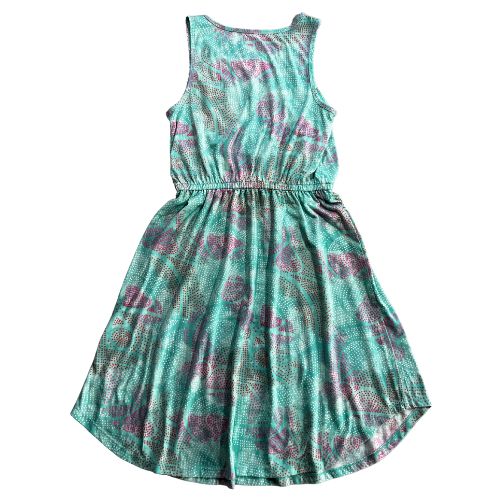 So Turquoise Sleeveless Play Dress (Est. Retail Price $30.00) Size: Big Girl Size XL - 16 Color: Turquoise with pink and white patterned dots Features: Sleeveless, elastic waist, decorate tie/bow at waist, front pocket Material: 96% Polyester, 4% Spandex Condition: Well-Loved, signs of wash & wear, fabric has a slight "sticky feel" used back - Our Families Attic