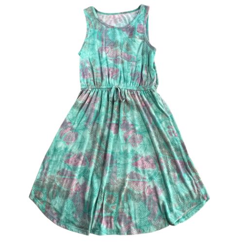 So Turquoise Sleeveless Play Dress  (Est. Retail Price $30.00) Size: Big Girl Size XL - 16  Color: Turquoise with pink and white patterned dots  Features: Sleeveless, elastic waist, decorate tie/bow at waist, front pocket  Material: 96% Polyester, 4% Spandex  Condition:  Well-Loved, signs of wash & wear, fabric has a slight "sticky feel" used front - Our Families Attic