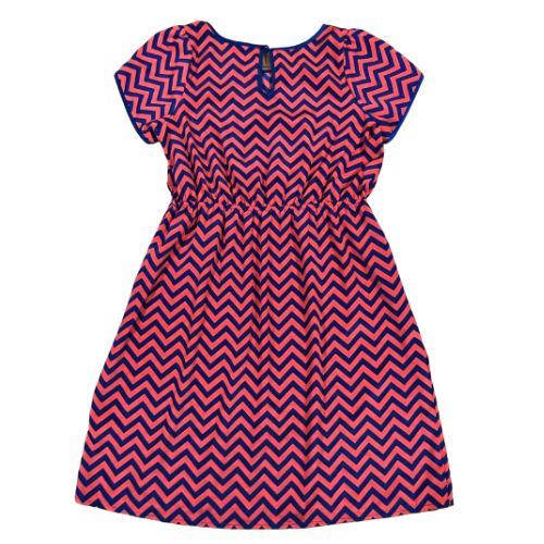 Soprano Blue & Red Chevron Striped Dress (Est. Orig. Retail Price $55.00) Size: Big Girl Size XL - 16 Color: Red and blue chevron pattern Features: Cute blue button closure at the back of the neck, A-Line Material: 100% Polyester Condition: Gently Used back - Our Families Attic