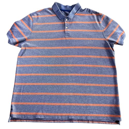 St. John's Bay Blue and Orange Striped Short Sleeve Polo  (Est. Retail Price $50.00) Size: Men's XXL  Color: Orange and Blue  Features:  Short sleeve Collar 2-Button Polo Material: 100% Cotton  Condition:  Well-Loved used front - Our Families Attic