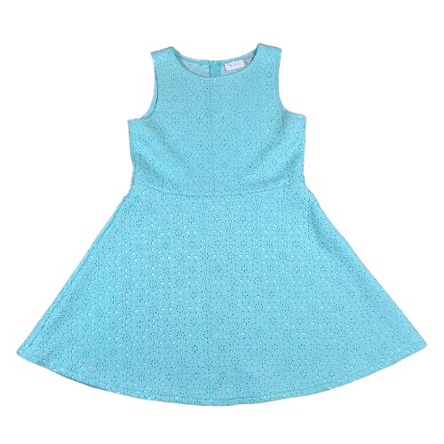 The Children's Place Sleeveless Fleece Turquoise Dress  ﻿(Est. Orig. Retail Price $45.00) Size: Big Girls XXL 16  Color: Turquoise / Aqua  Features: Sleeveless, zipper in back, 2 layers -  top layer with cute flower cut-out design  Material: 100% Polyester  Condition:  Gently Used front - Our Families Attic