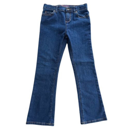 Pre-Owned The Children's Place Bootcut Jeans Size: Big Girl Size 8 Color: Dark wash Features: Bootcut Adjustable waistband Button & zip closure 5 pocket design Stretchy denim Condition: Excellent pre-owned condition Measurements: Waist: 24.5" Inseam: 23.25" Rise: 8." Total length: 31.25" Used - Our Families Attic