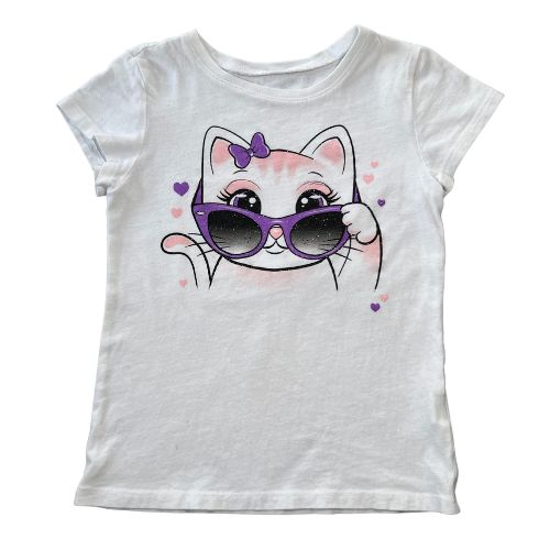Pre-Owned The Children's Place White Cat T-Shirt $3.00 (Est. Retail Price $12.50) Size: Little Girl Small 5-6 Color: White Print: Cat with purple glasses and bow. Features: Cap Sleeve Material: 100% Cotton Condition: Used, Well-Loved - Our Families Attic