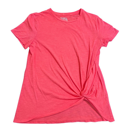 ime and Tru Pink Tie-Up T-shirt   (Est. Orig. Retail Price $11.50) Size: Misses Small 4-6  Color: Pink  Print: Solid  Features: Thin & Soft fabric, Short sleeve, Twisted tie-up in front  Material: 57% Cotton, 43% Polyester   Condition:  Gently Used,  front - Our families Attic