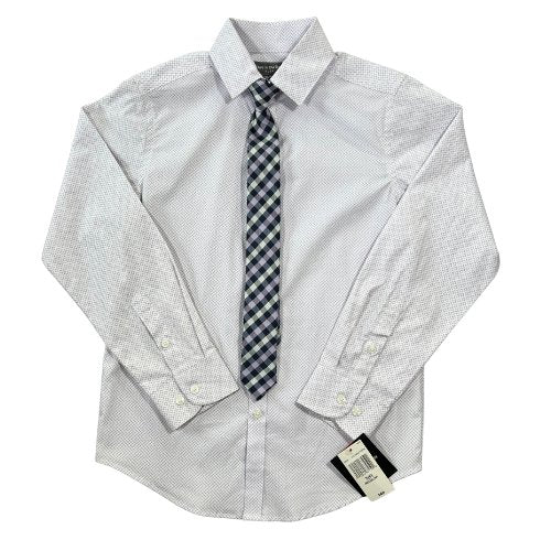 Van Heusen Long Sleeve Button-Up Dress Shirt with Clip-On Tie ( Retail Price $40.00 ) Size: Big Boy Small ( 8 ) Regular Color: White with purple/lavender sprinkles Features: Flex Long Sleeve Button-up Button cuffs Collar Clip-On tie Spare Buttons Material: 97% Polyester, 3% Spandex Condition: NWT New front - Our Families Attic