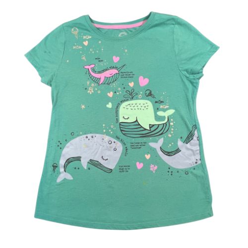 Wonder Nation Whales Sea Life Graphic T-Shirt  (Est. Orig. Retail Price $9.00) Size: Girl XL (14-16)  Color: Turquoise, Teal  Print: Whales  Features: Short sleeve  Material: 60% Cotton, 40% Polyester  Condition:  Worn-Out, Pen/ink marking, small paint spot (this would be great as a play, arts, and crafting tee) front - Our Families Attic