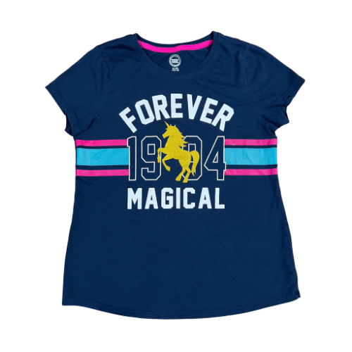 Wonder Nation Blue Magical Unicorn Graphic T-Shirt  (Est. Orig. Retail Price $6.48) Size: Girls XL 14-16  Color: Navy Blue, Teal & Dark Pink accent colors  Print: "Forever Magical 1994", Gold Glitter unicorn  Features: Short sleeve  Material: 60% Cotton 40% Polyester   Condition:  Gently Used, a small spot where the graphic came off front - Our Families Attic