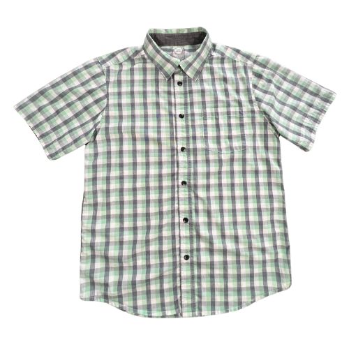 Wonder Nation Green & Gray Short Sleeve Button-Up Dress Shirt  Size: Big Boy's Size XXL 18  Color:   Light green & gray checkered  Contrast gray inside collar and behind buttons Features:  Short sleeve Button-up Collar Front pocket Material:   Body: 66% cotton, 31% polyester, 3% spandex Contrast collar & buttons: 100% cotton Condition:  Gently Used - a stain on the upper right back Used - Our Families Attic