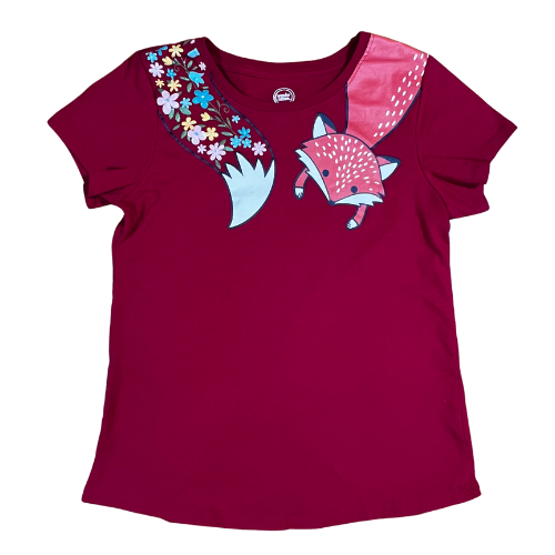 Wonder Nation Red Fox Graphic T-Shirt Est. Orig. Retail Price $6.48 Girls Size XL 14-16 Color: Deep Red Print: Cute fox & flowers Features: Short sleeve Material: 60% Cotton 40% Polyester Condition: Gently Used front - Our Families Attic