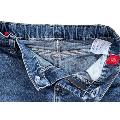 Pre-Owned Wrangler Authentic Issue Adjustable Waist Utility Jeans Size: Big boy size 8 Regular Color: Medium Stonewash Features: Adjustable waist Button & Zipper closure 6-pocket utility design Regular fit Condition: Great gently used condition Measurements: Waist: 24" Inseam: 21" Rise: 8" Total length: 28.5" - Our Families Attic