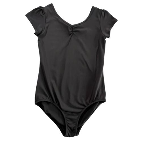 Danskin Short Sleeve Black Leotard   (Est. Retail Price $24.00) Size: Big Girl Medium 8-10 (the best guess based on measurements)  Color: Black  Features:   Short sleeve Scoop V-Neck Classic look Material: 92% Nylon, 8% Spandex  Condition: gently Used for gymnastics dance ballet front - Our Families Attic