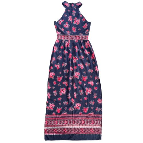 Midnight Doll Dark Blue & Pink Floral Bare Shoulder Dress (Est. Orig. Retail Price $79.00) Size: Junior's size 3 Color: Dark blue with pink floral print Features: Back Zip Sleeveless Bare shoulder Rounded high-neck collar A-line Side slits on both sides of the skirt Short slip underneath Material: Outer shell: 96% Polyester, 4% Spandex Liner: 100% Polyester Condition: Excellent Used Condition Back - Our Families Attic