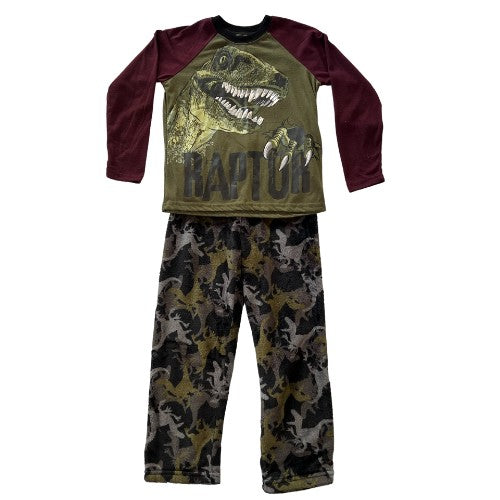 Pre-Owned Wonder Nation Dino PJ Set Brand: Wonder Nation Size: Big Boy's Size 8 medium Color: Black, gray, dark green, maroon with dinosaur print Features: Long sleeve Elastic waist Soft fleece pants Material: 100% Polyester Condition: Gently used. Some pilling on shirt and waitband of pants. Can be easily removed or cleaned up with a Fabric Shaver - Our Families Attic